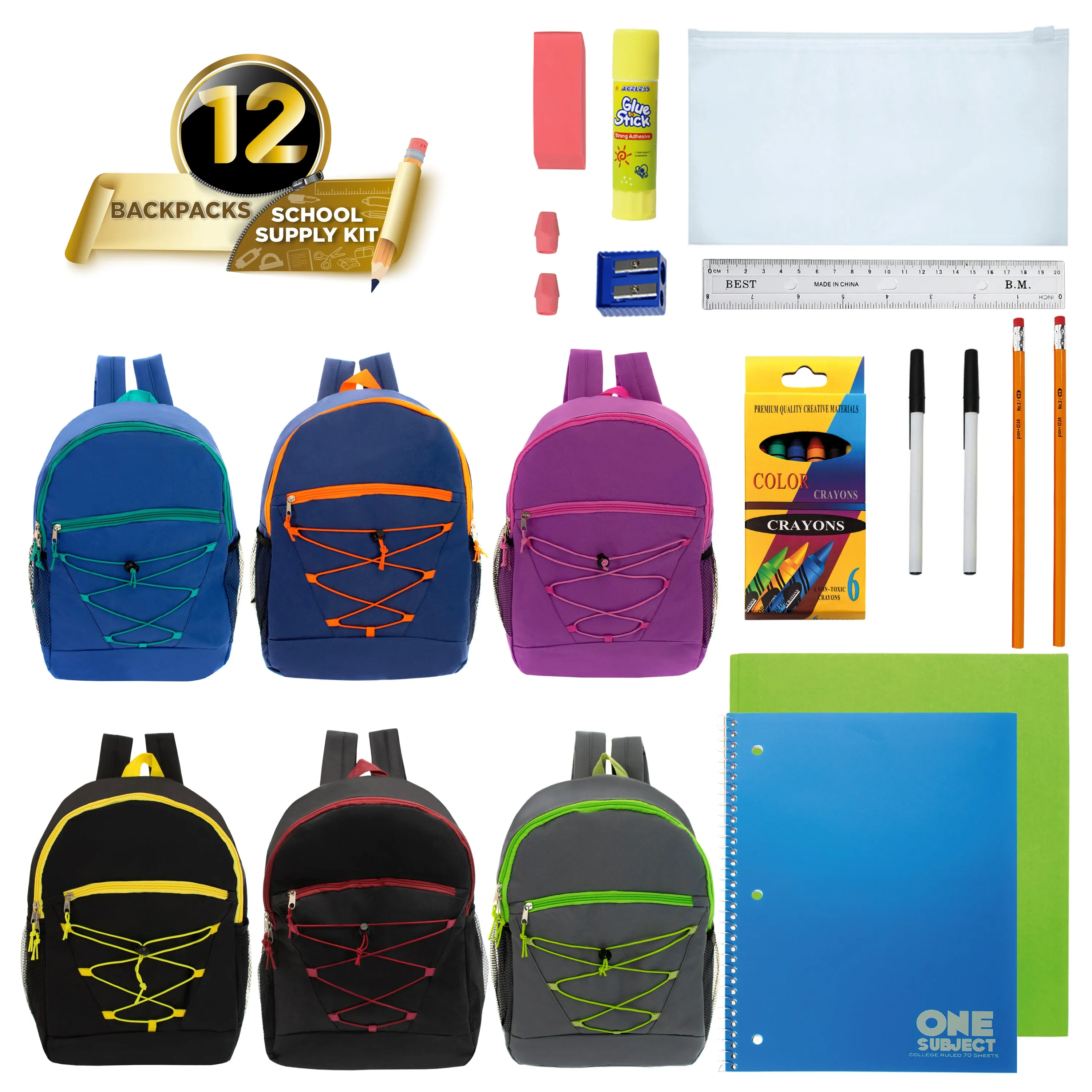 12 Wholesale 17" Bungee Backpacks in Assorted Colors & 12 Bulk School Supply Kits of Your Choice