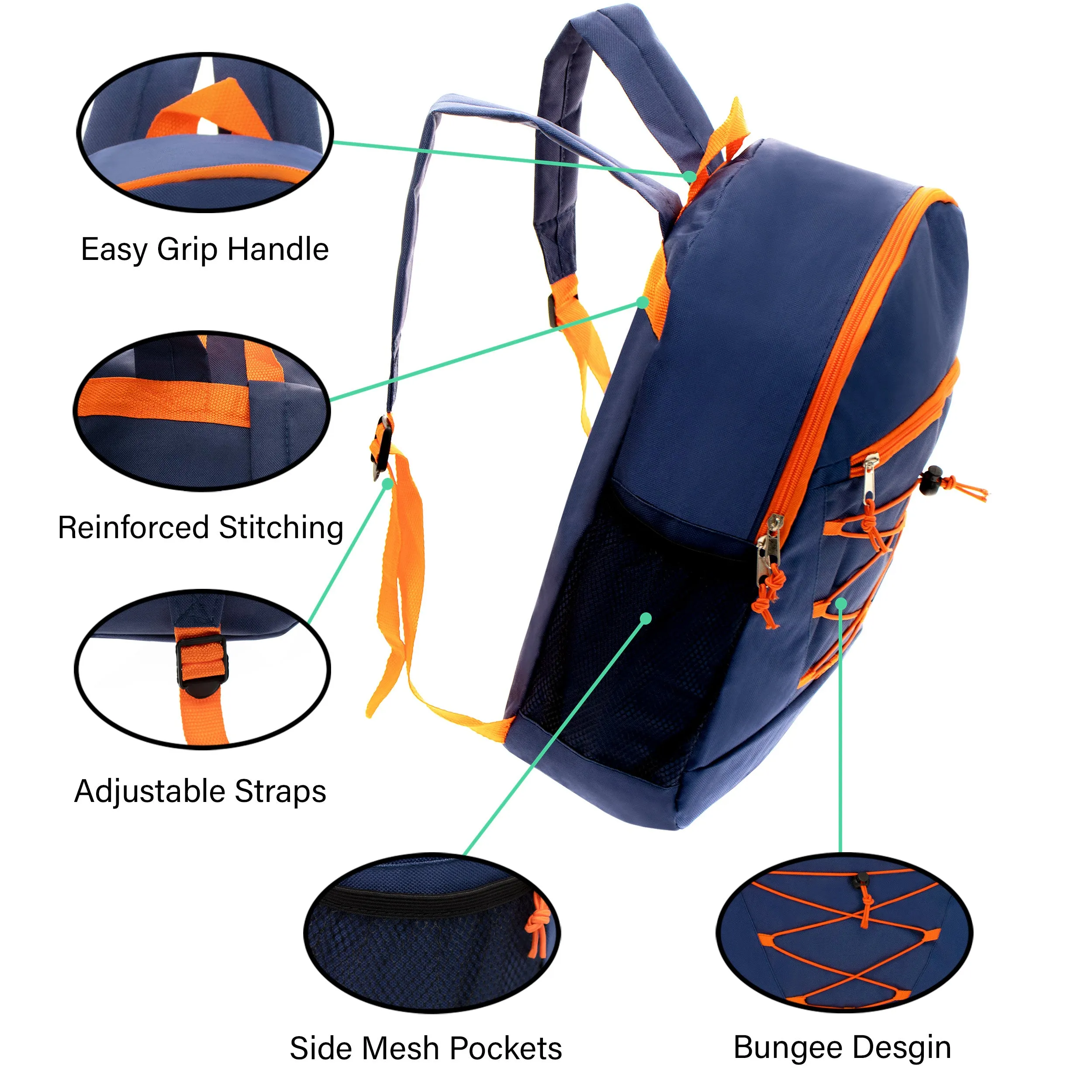 12 Wholesale 17" Bungee Backpacks in Assorted Colors & 12 Bulk School Supply Kits of Your Choice