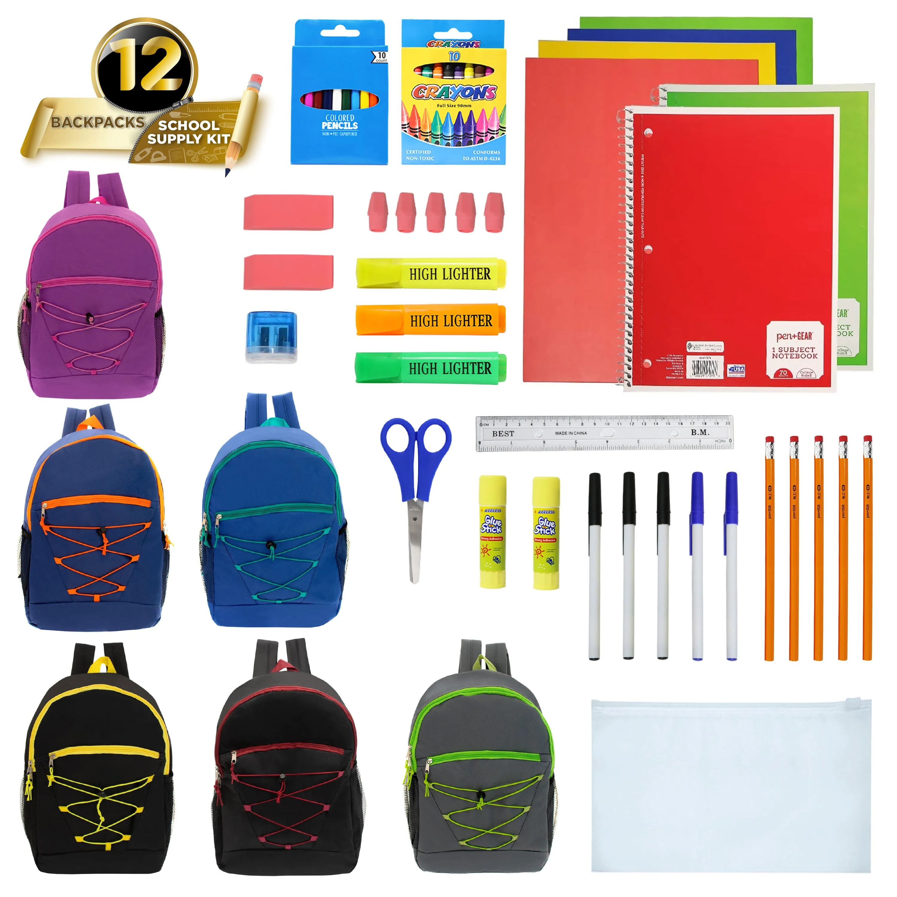 12 Wholesale 17" Bungee Backpacks in Assorted Colors & 12 Bulk School Supply Kits of Your Choice