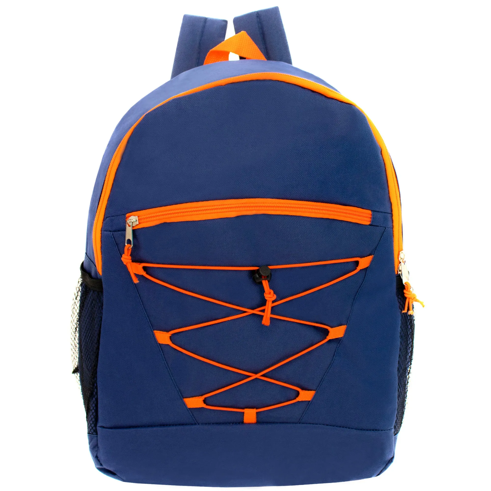 12 Wholesale 17" Bungee Backpacks in Assorted Colors & 12 Bulk School Supply Kits of Your Choice