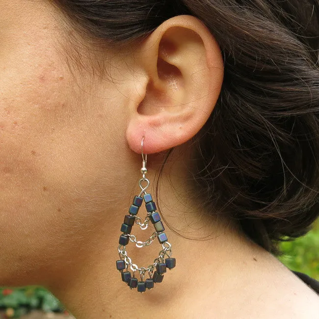 3-Tier Silver Chain & Cube Bead Earrings