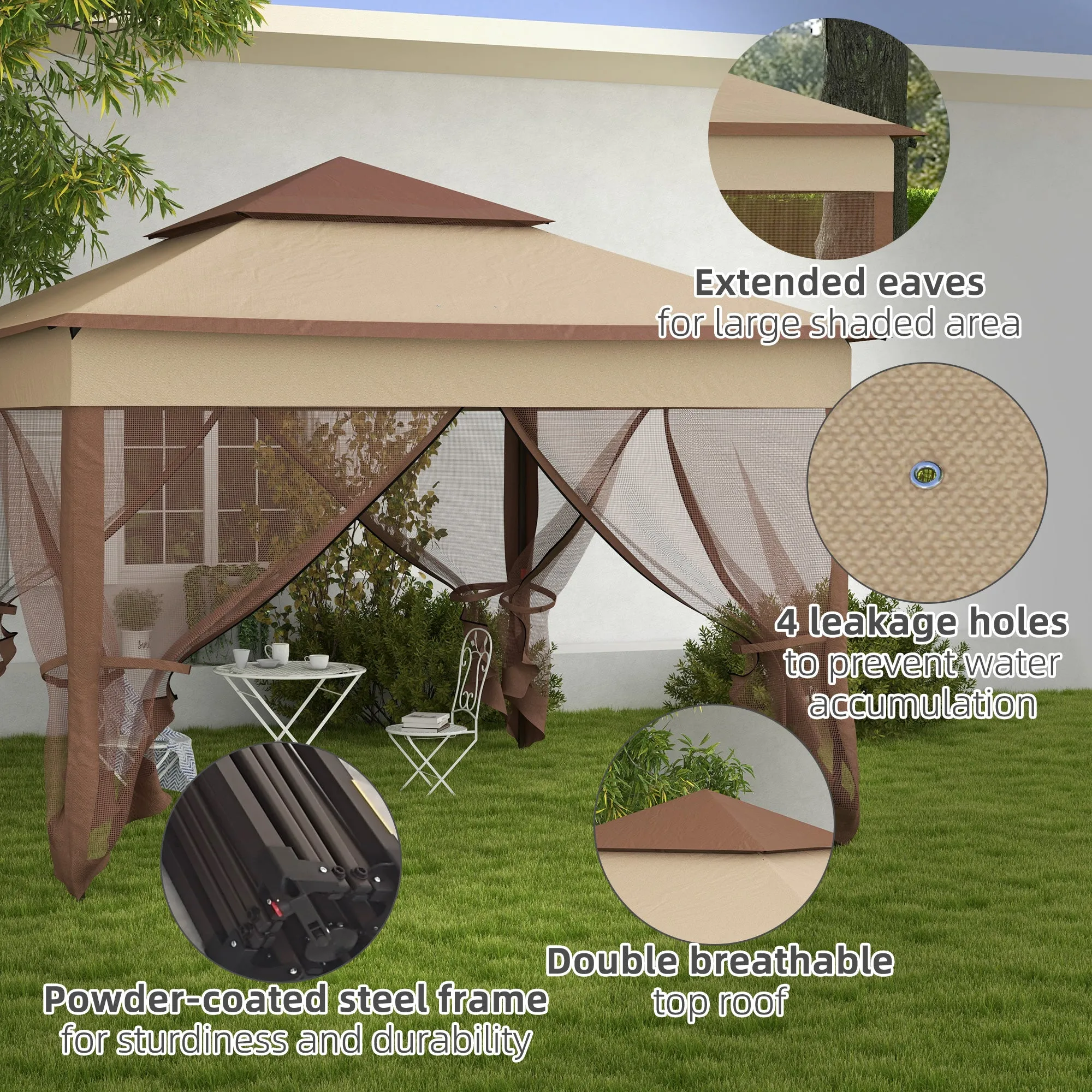 3 x 3(m) Pop Up Gazebo, Double-roof Garden Tent with Netting and Carry Bag, Party Event Shelter for Outdoor Patio, Khaki