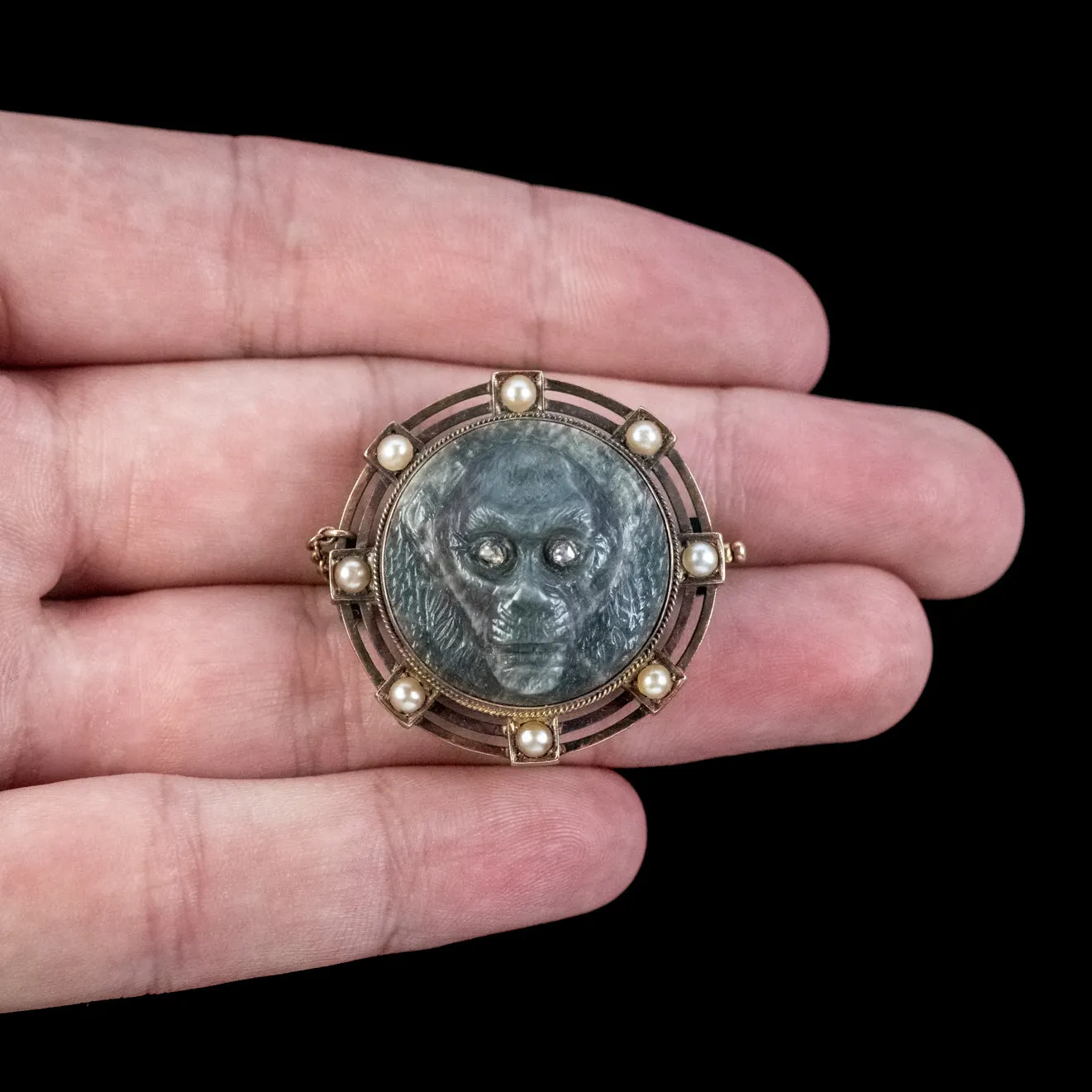 Antique Victorian Labradorite Monkey Brooch Diamond Pearl 18ct Gold Circa 1860