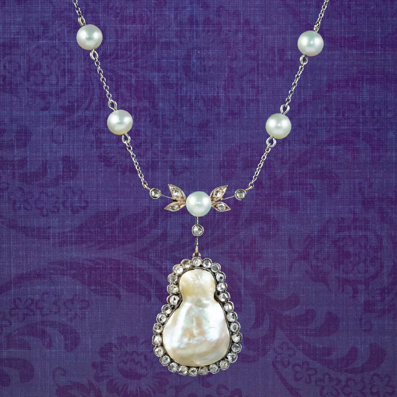 Art Deco Baroque Pearl Diamond Lavaliere Necklace 18ct Gold 2ct Of Diamond