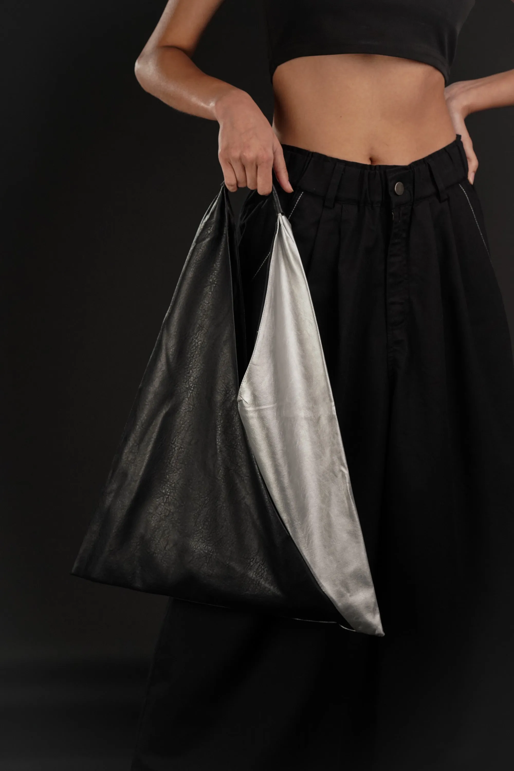 Black And Silver Leather Bindle Bag