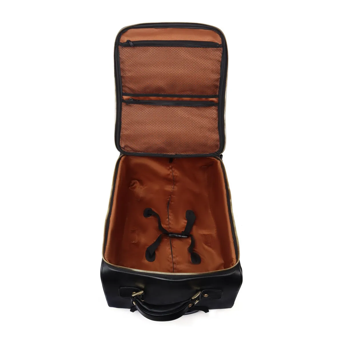 Black Leather Diamond Stitched Quad Wheel Trolley Bag With Embossed Lion Logo by Brune & Bareskin