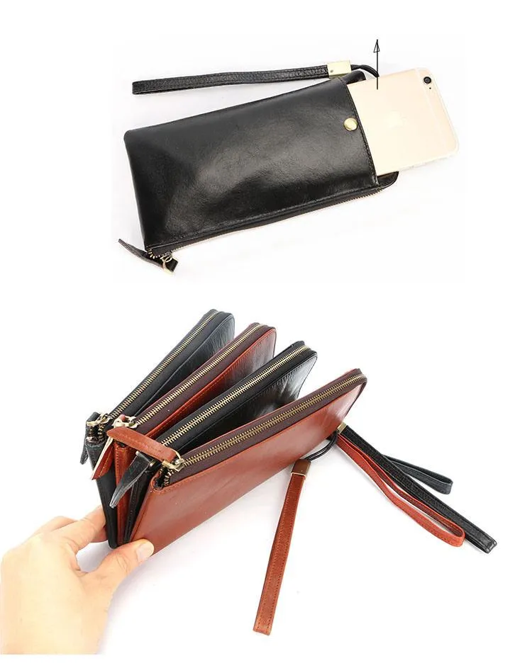 Black Leather Mens Long Wallet Zipper Clutch Wallet Brown Wristlet Long Wallet For Men