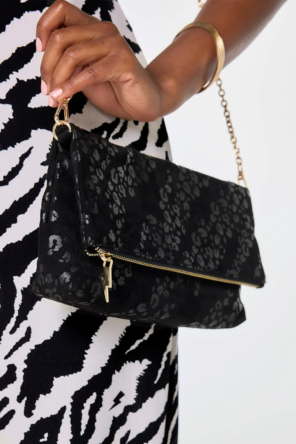 Black Leopard Faux Suede Cross Body Bag