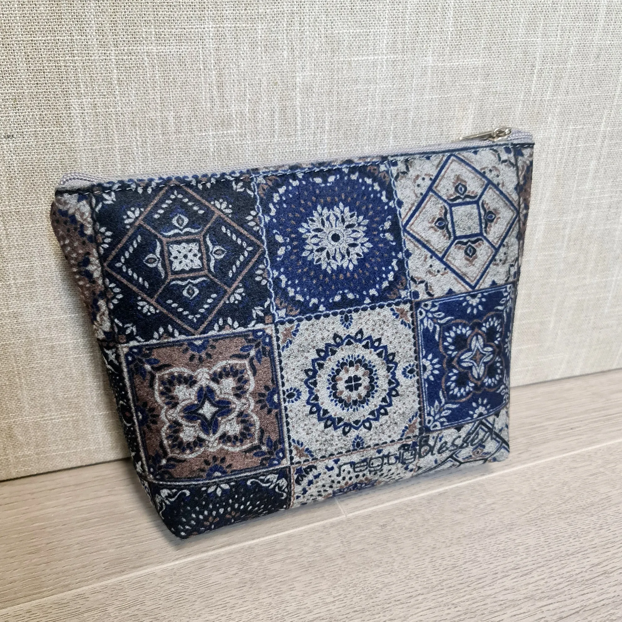 Blue & Brown Moroccan Tiles - Recycled Felt Cosmetic Bag