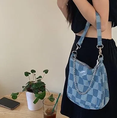 Blue Denim Aesthetic Checkered Thin Chain Canvas Bag