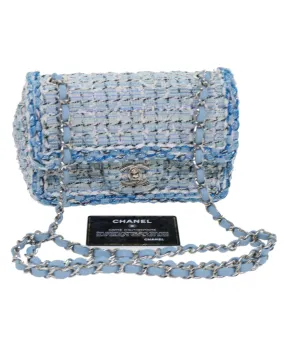 Blue Tweed Shoulder Bag with Chain Strap