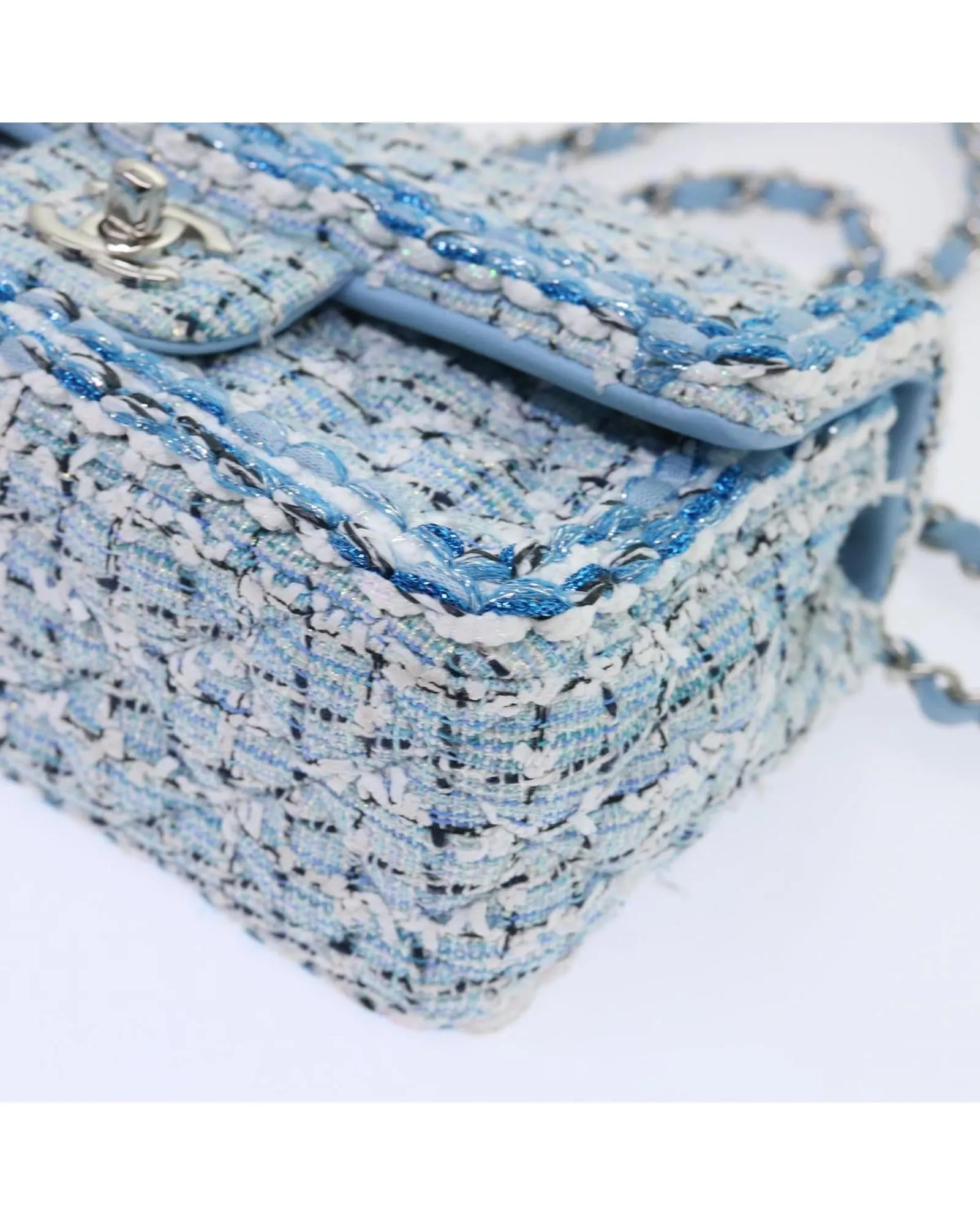 Blue Tweed Shoulder Bag with Chain Strap