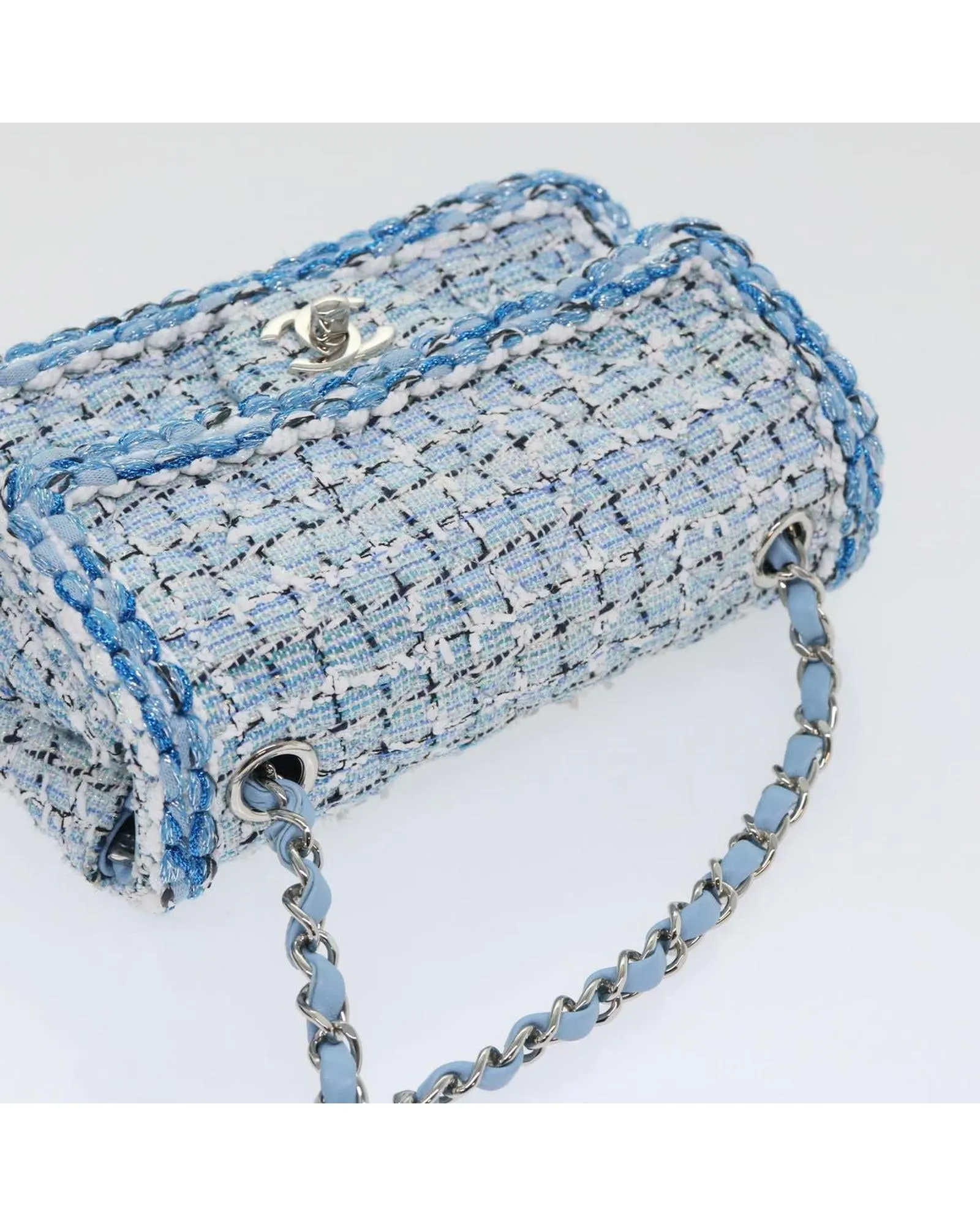 Blue Tweed Shoulder Bag with Chain Strap