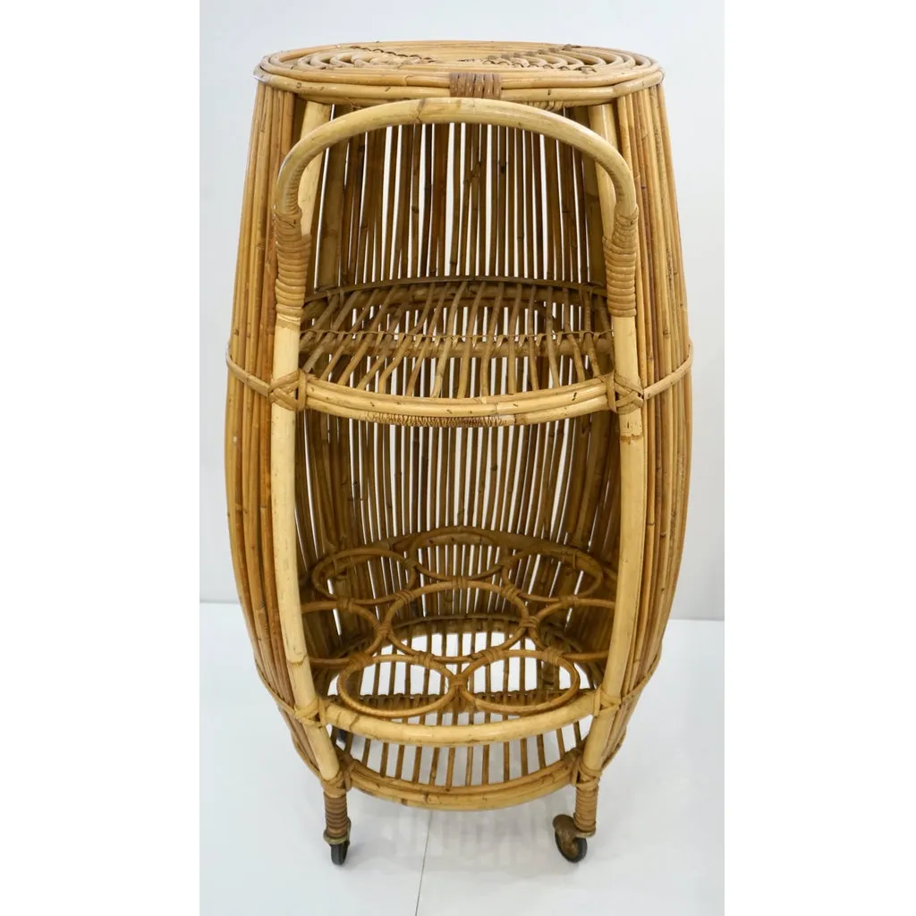 Bonacina 1950 Italian Mid-Century Modern Natural Rattan Cylindrical Bar Trolley