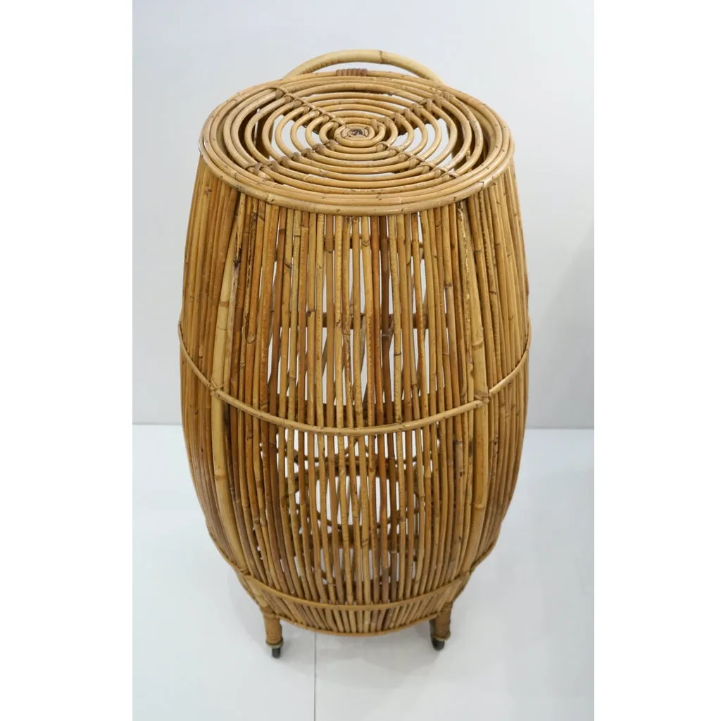 Bonacina 1950 Italian Mid-Century Modern Natural Rattan Cylindrical Bar Trolley