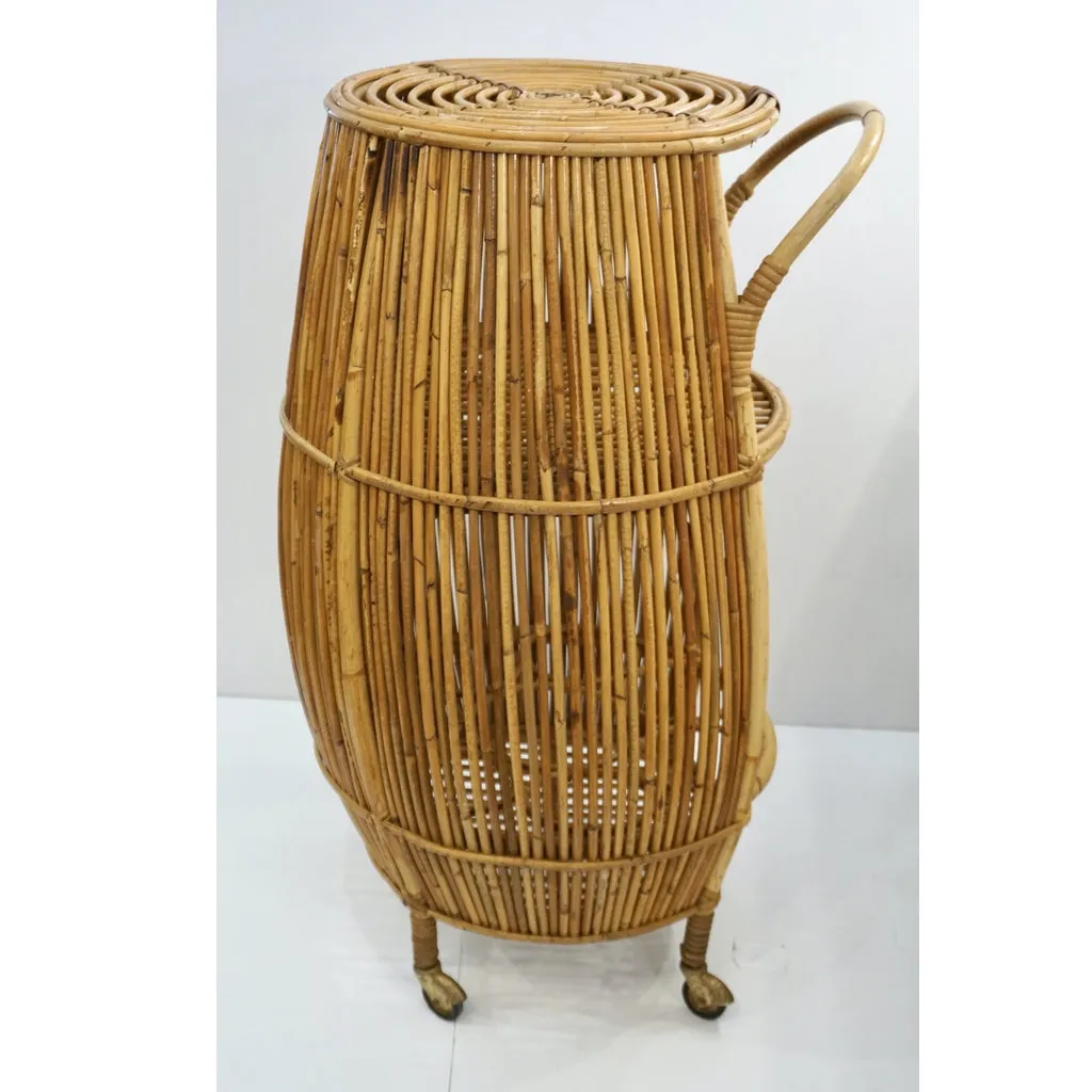 Bonacina 1950 Italian Mid-Century Modern Natural Rattan Cylindrical Bar Trolley