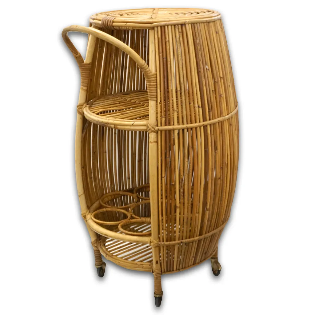 Bonacina 1950 Italian Mid-Century Modern Natural Rattan Cylindrical Bar Trolley