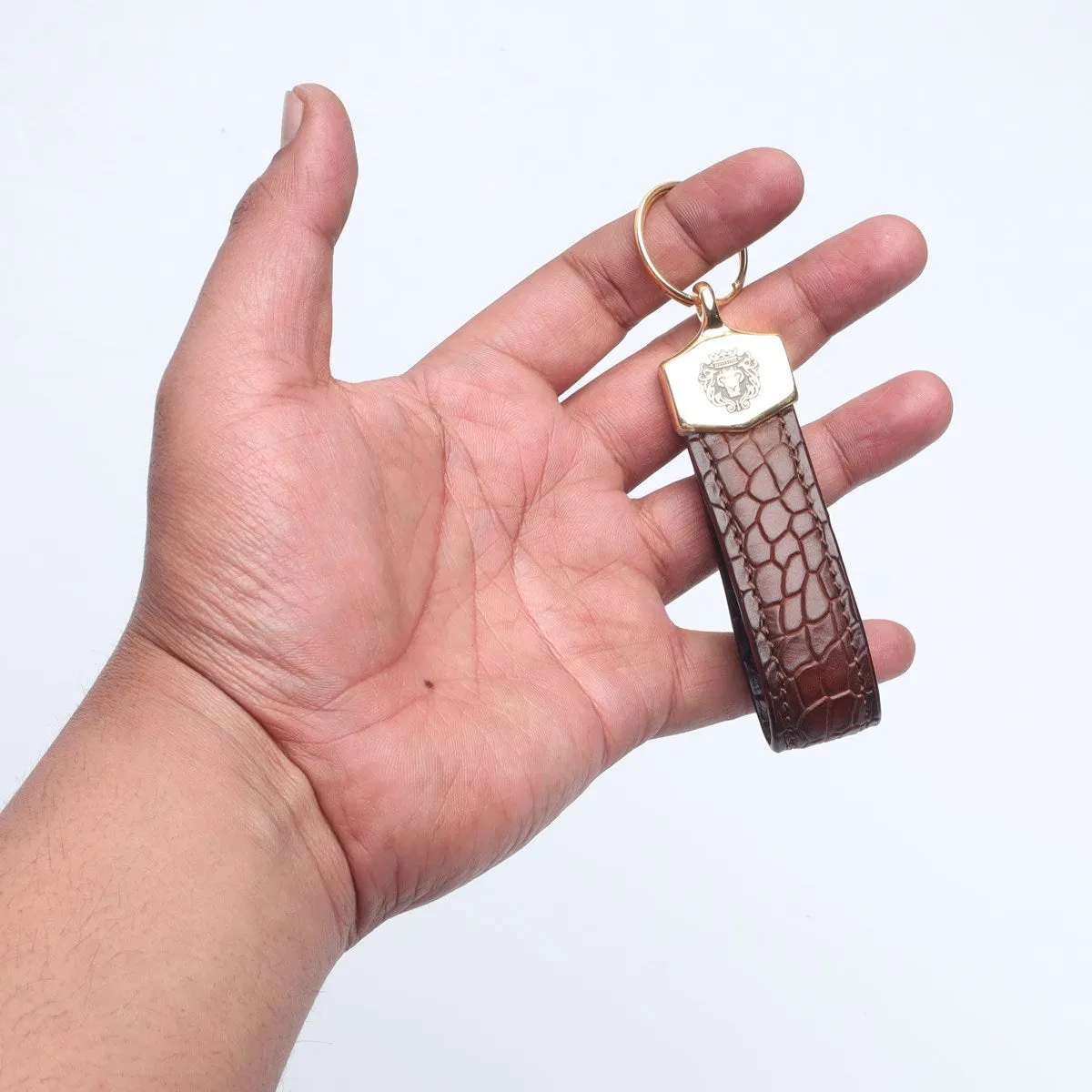 Brown Deep Cut Croco Scales Textured Leather Keychain by Brune & Bareskin