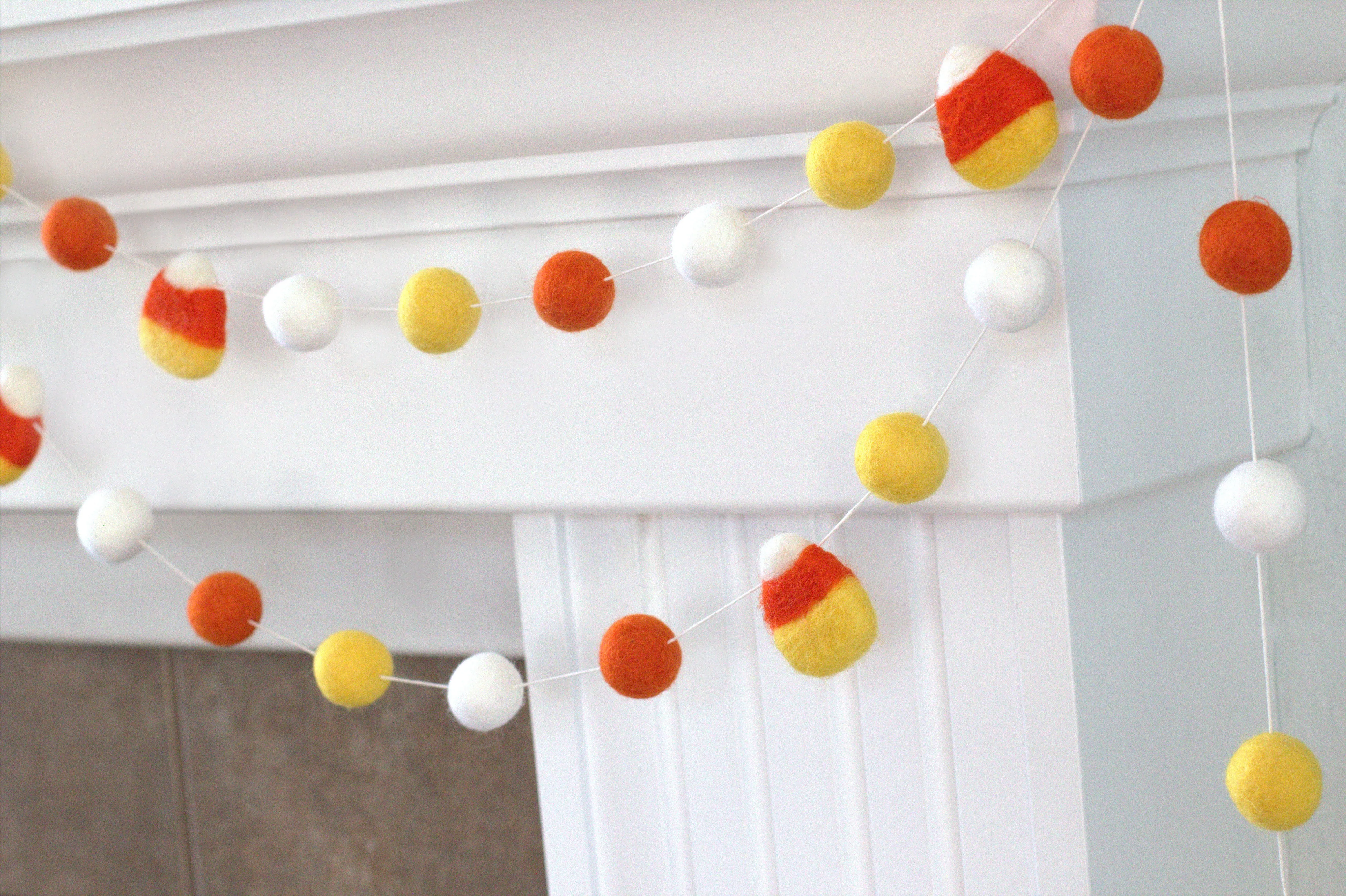 Candy Corn Felt Ball Garland- Orange , Golden Yellow, White