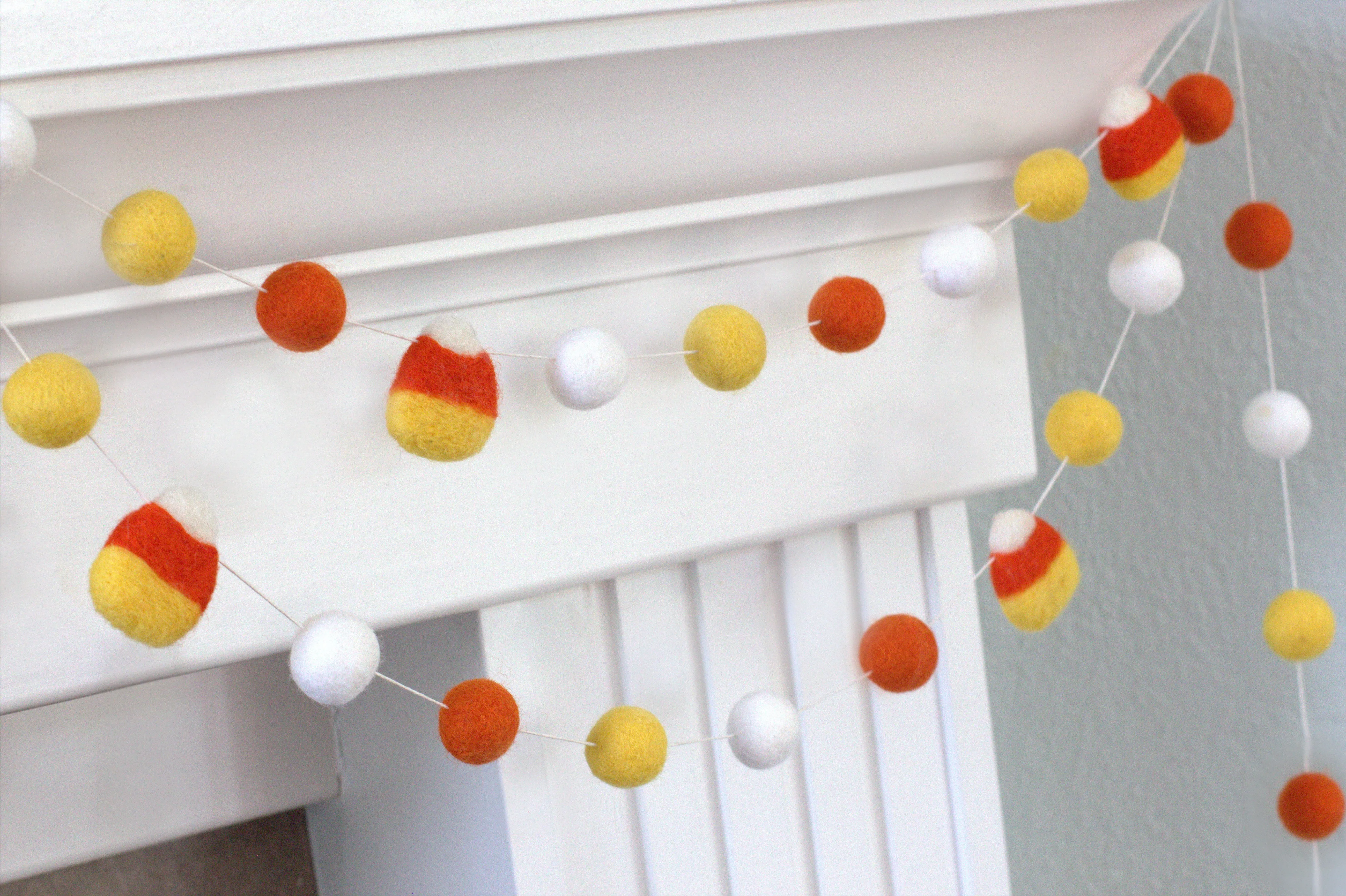 Candy Corn Felt Ball Garland- Orange , Golden Yellow, White