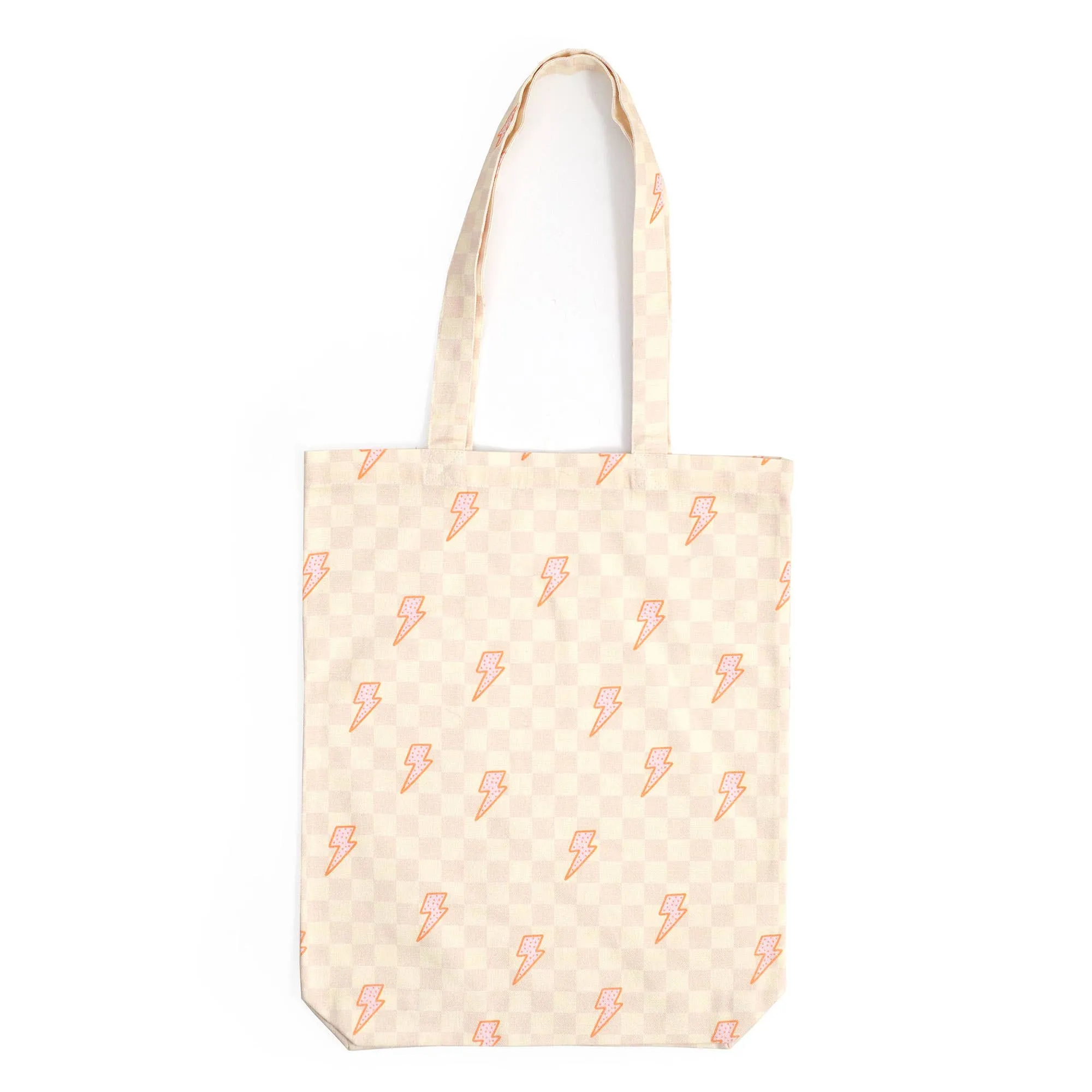 Checkerboard Lightning Bolt Tote Bag | Canvas Grocery Shopping Carryall Bag  | 14" x 17"