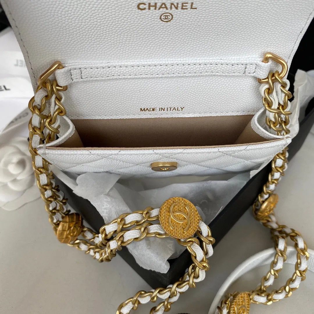 CHL Clutch With Chain Gold Hardware Grained Shinny White For Women, Women&#8217;s Handbags, Shoulder Bags 4.7in/12cm AP2857