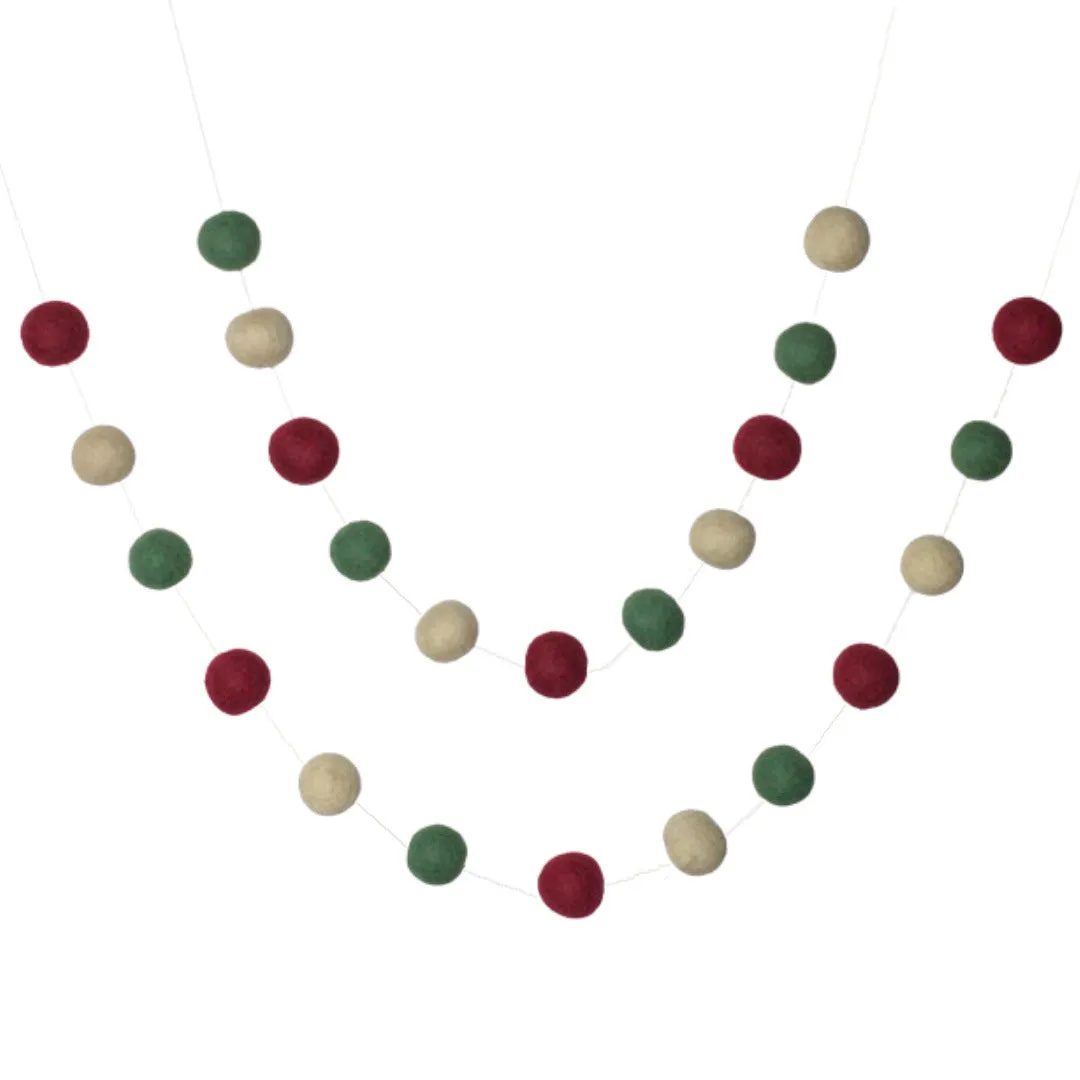 Christmas Felt Ball Garland- Burgundy Red, Forest Green, Almond