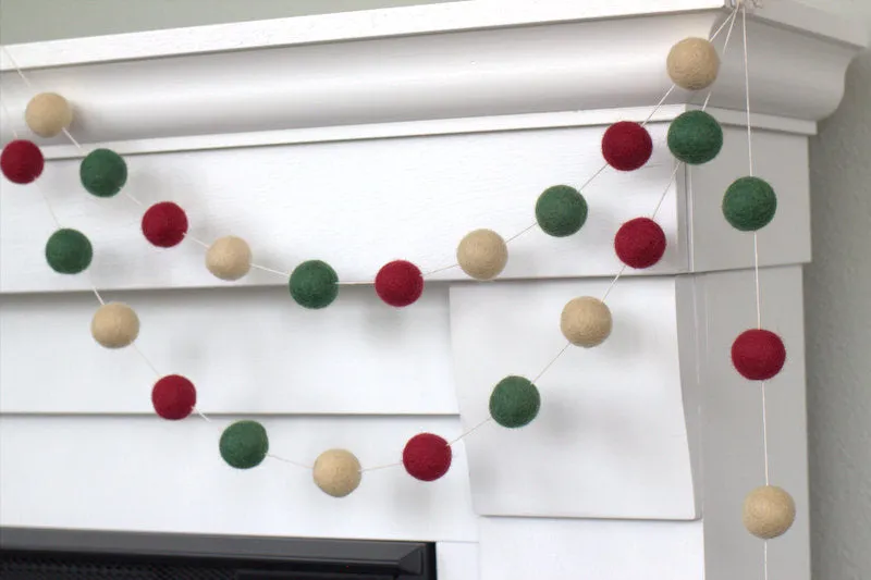 Christmas Felt Ball Garland- Burgundy Red, Forest Green, Almond