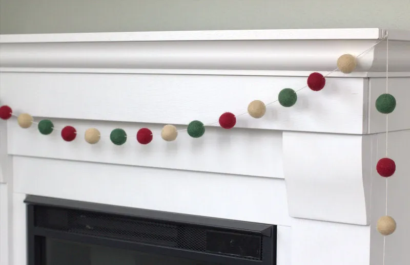 Christmas Felt Ball Garland- Burgundy Red, Forest Green, Almond