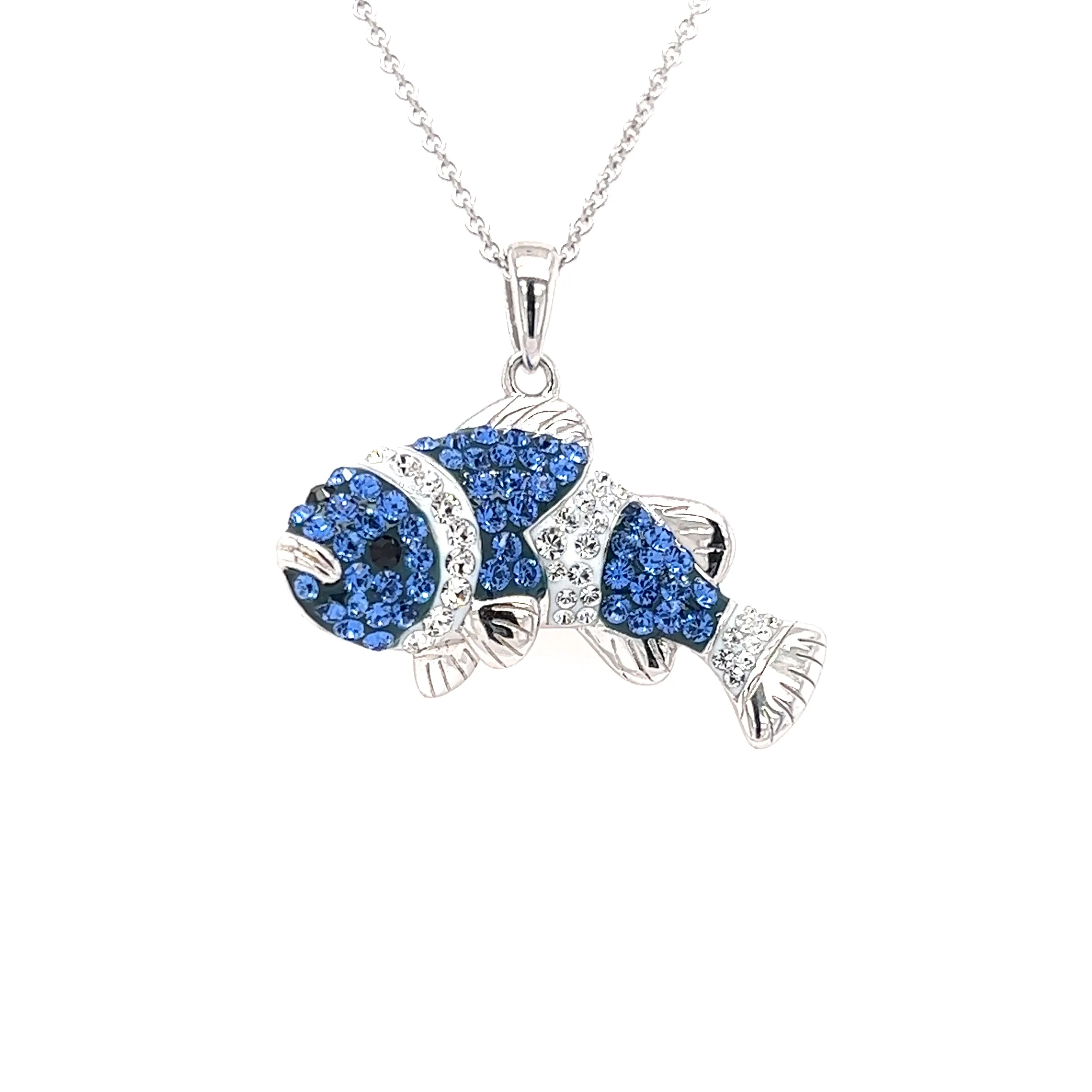 Clownfish Necklace with Blue and White Crystals in Sterling Silver