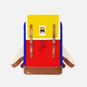 Cotton Canvas Matra Mini Backpack with Leather Strap & Base - Blue/Red/Yellow