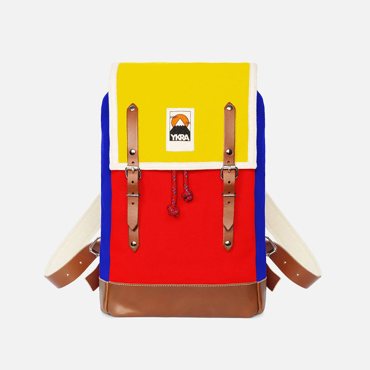 Cotton Canvas Matra Mini Backpack with Leather Strap & Base - Blue/Red/Yellow