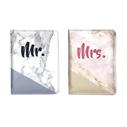 Couple Passport Cover Holder Leather Travel Wallet Case Designer Passport Cover - Mr. Mrs. Marble Design