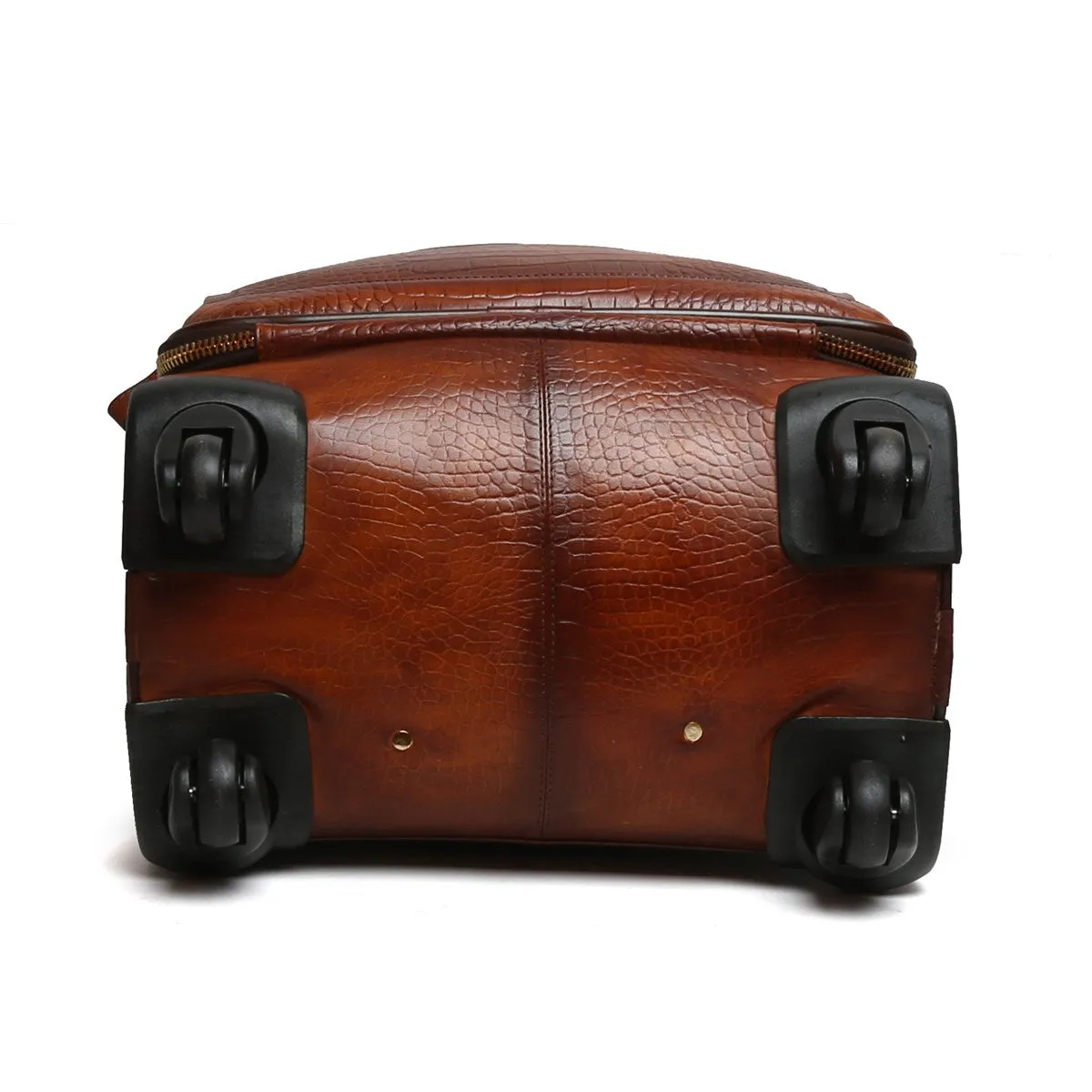 Croco Brown Quad Wheel Cabin Luggage Leather Bag With Golden Metal Zipper By Brune & Bareskin