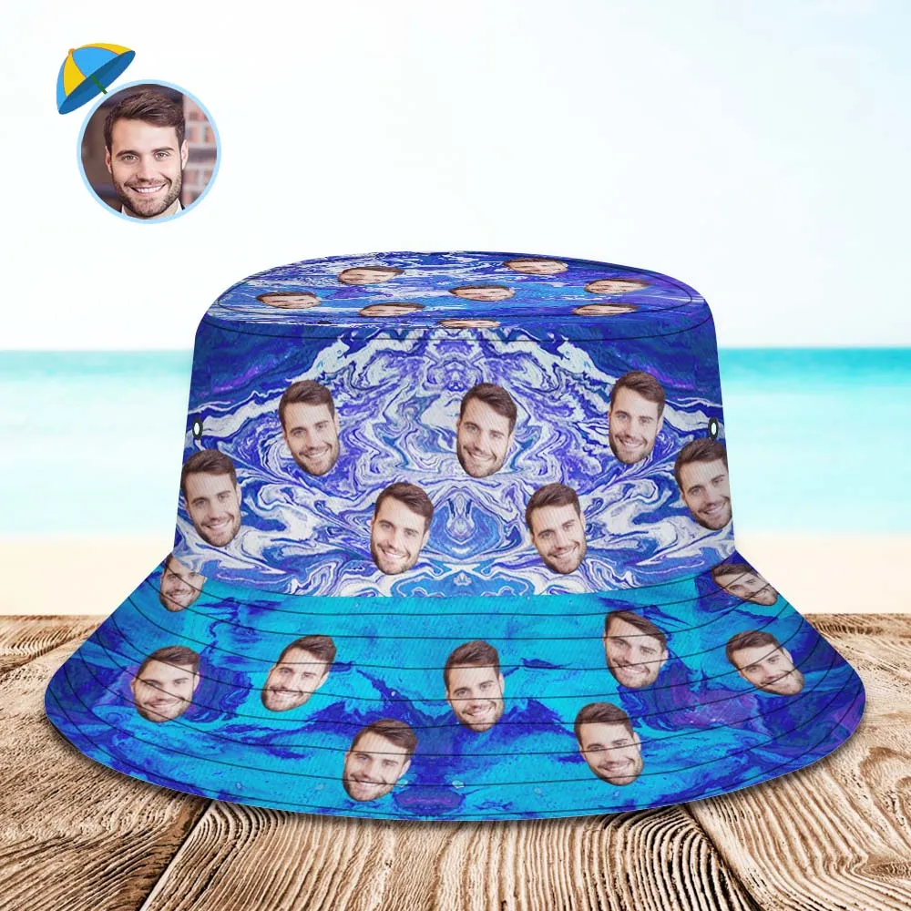 Custom Face Bucket Hat Unisex Personalised Wide Brim Outdoor Summer Hats Blue Oil Painting Style