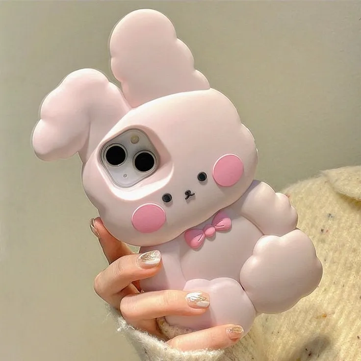 Cute Matte 3D Pink Bunny Rabbit Design   Pink Strap Thick Bulky Protective Shockproof iPhone Case for iPhone 11 12 13 14 15 Pro Max Case