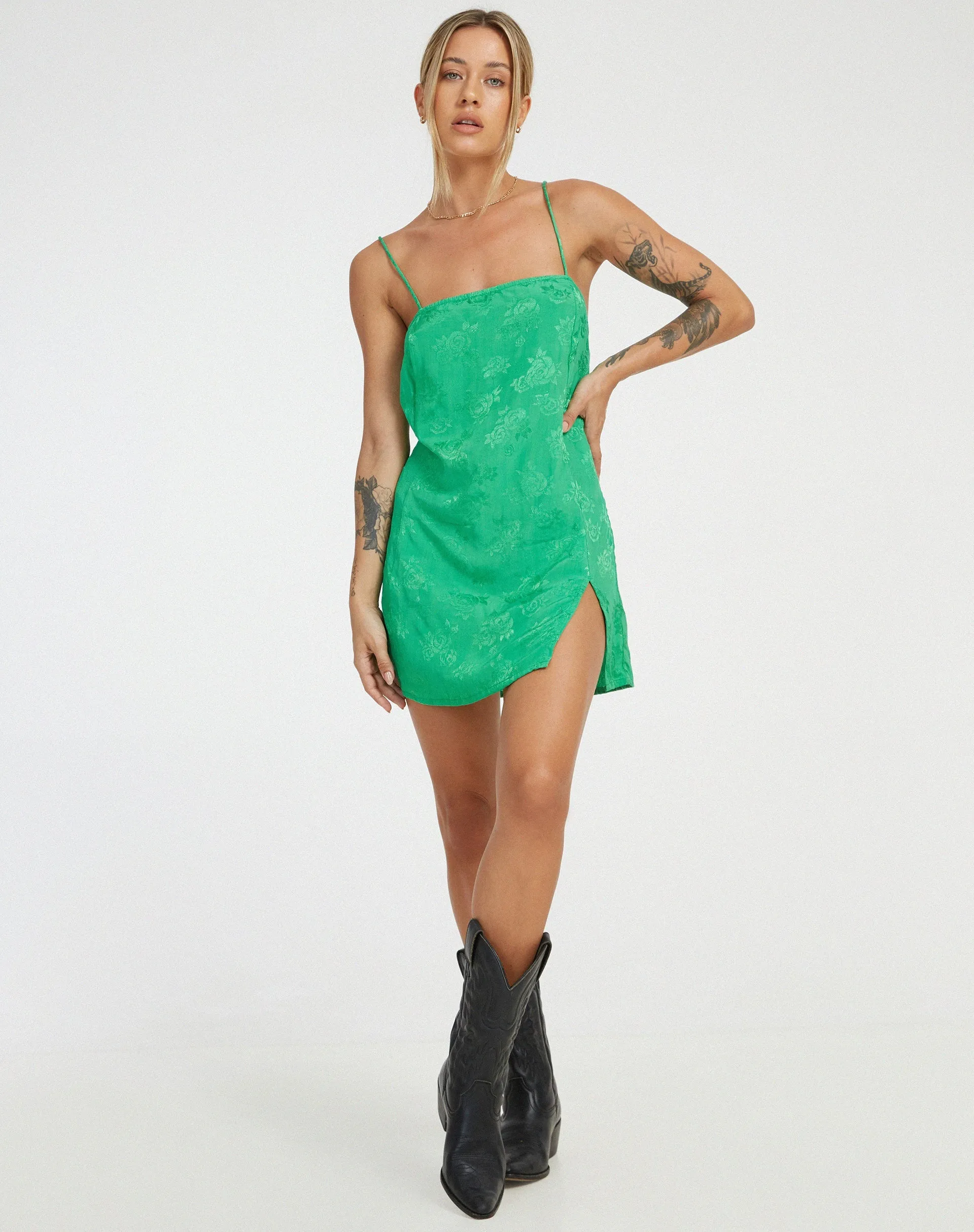 Datista Mini Dress in Satin Rose Jade Green