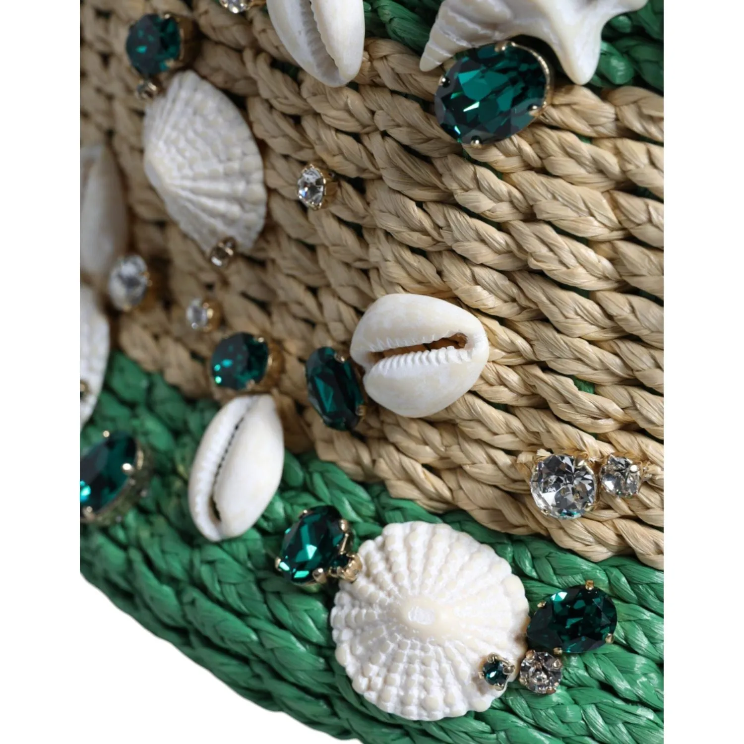 Dolce & Gabbana Beige Green Rafia Seashells Crystal Bucket Bag