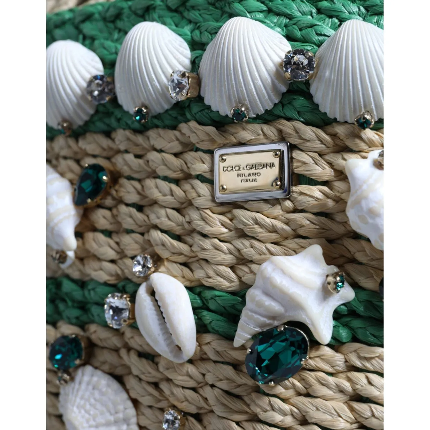 Dolce & Gabbana Beige Green Rafia Seashells Crystal Bucket Bag