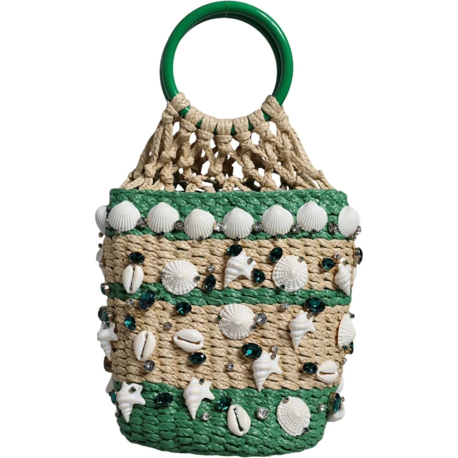 Dolce & Gabbana Beige Green Rafia Seashells Crystal Bucket Bag