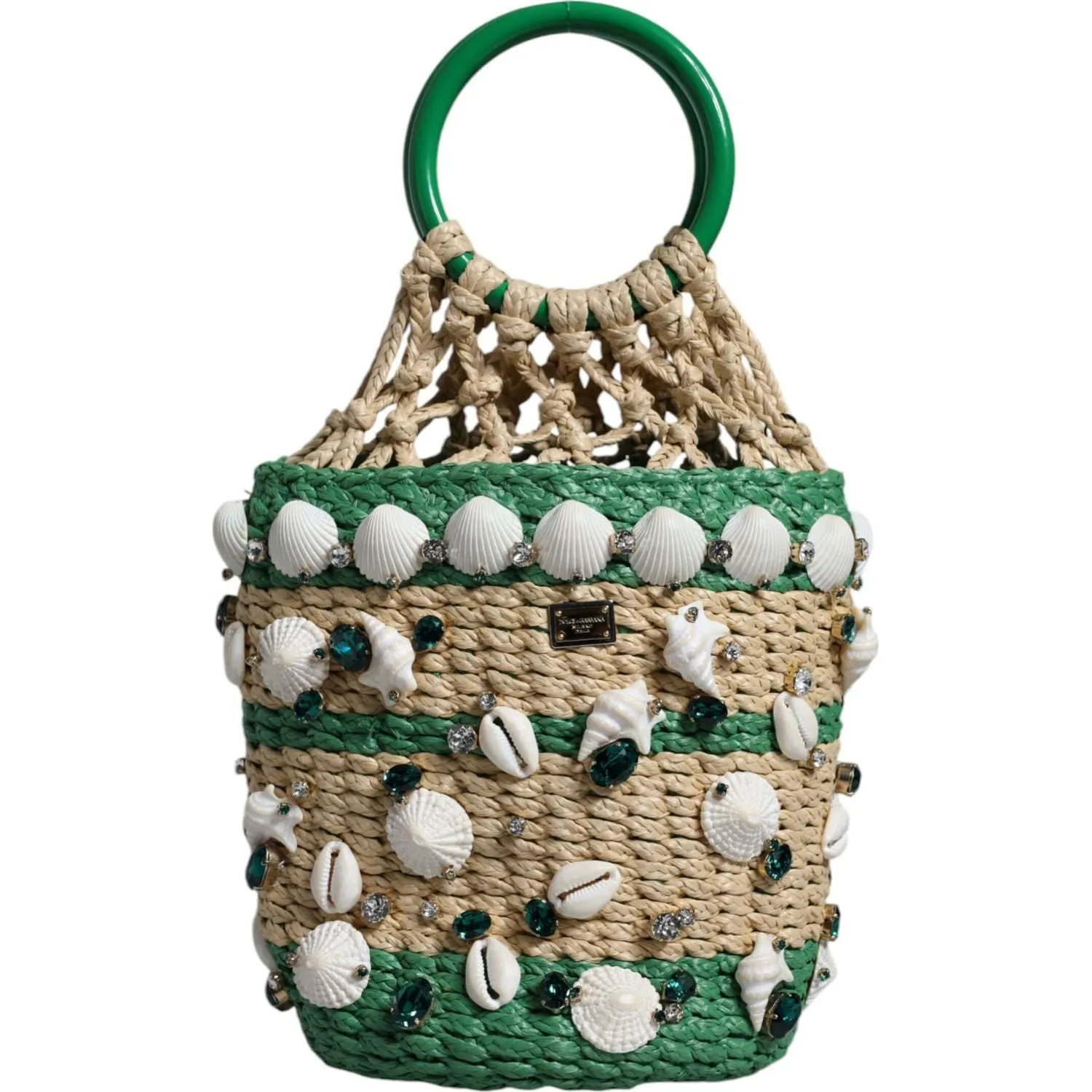 Dolce & Gabbana Beige Green Rafia Seashells Crystal Bucket Bag