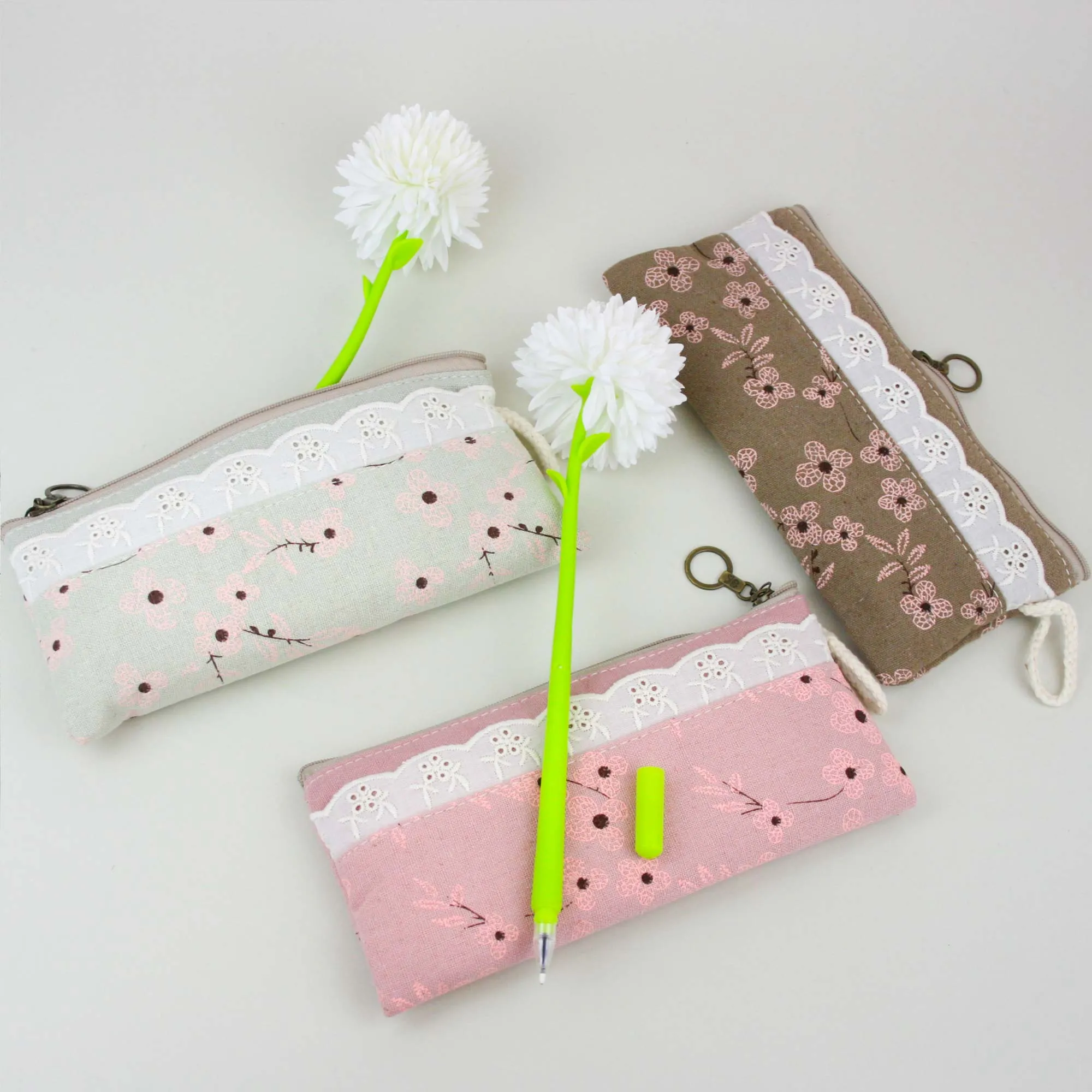 Elegant Floral Pencil Cases with Lace Trim - Assorted Colours