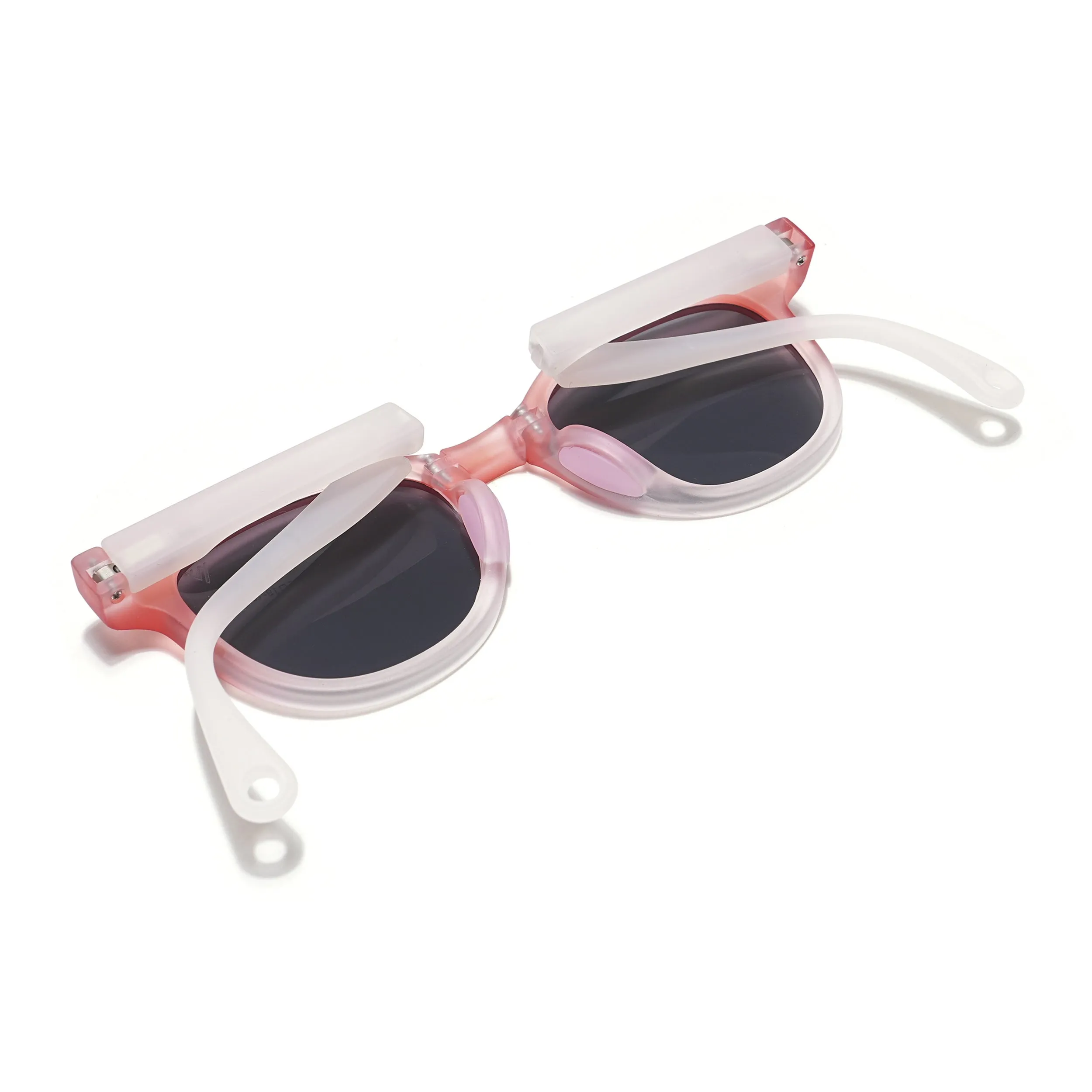 Foldable Round Polarized Sunglasses for Kids -6 yrs To 12 yrs (Black Lens | Baby Pink & Matt White Frame - PMG5918)