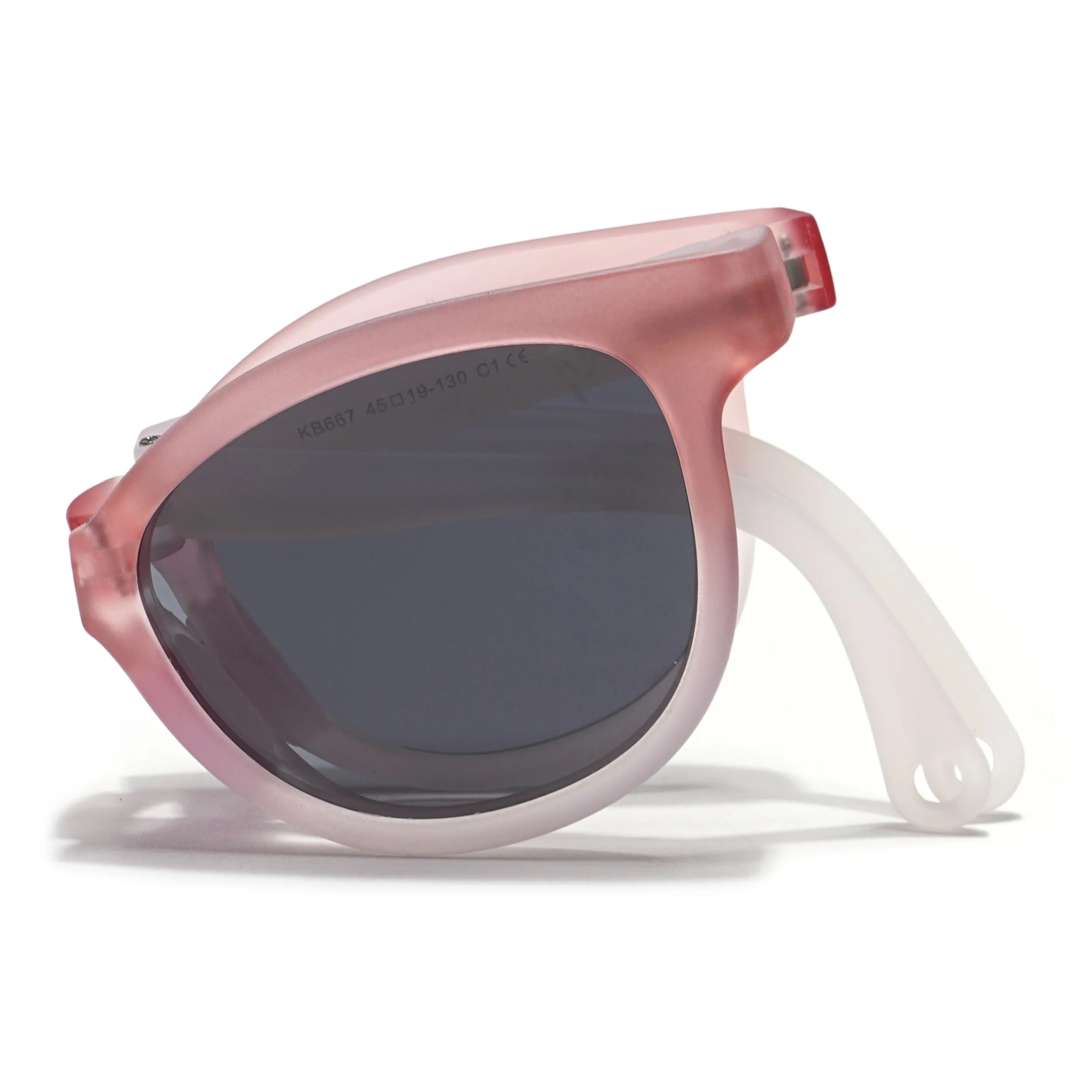 Foldable Round Polarized Sunglasses for Kids -6 yrs To 12 yrs (Black Lens | Baby Pink & Matt White Frame - PMG5918)