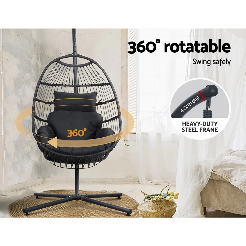 Foldable Wicker Egg Swing Chair with Stand, Grey - Gardeon