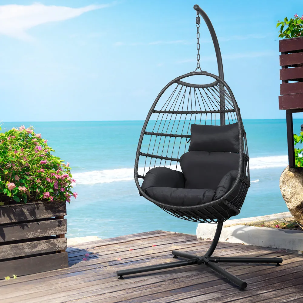 Foldable Wicker Egg Swing Chair with Stand, Grey - Gardeon