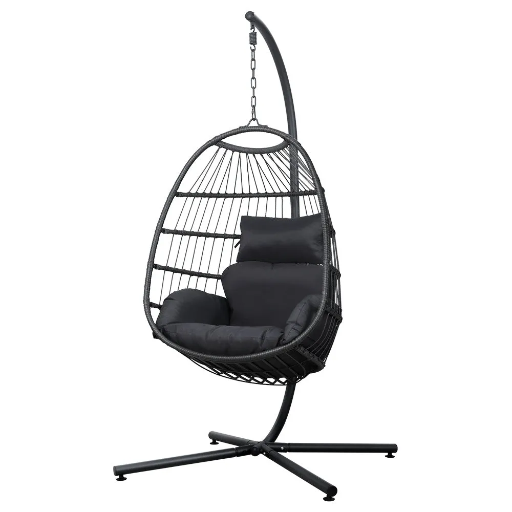 Foldable Wicker Egg Swing Chair with Stand, Grey - Gardeon