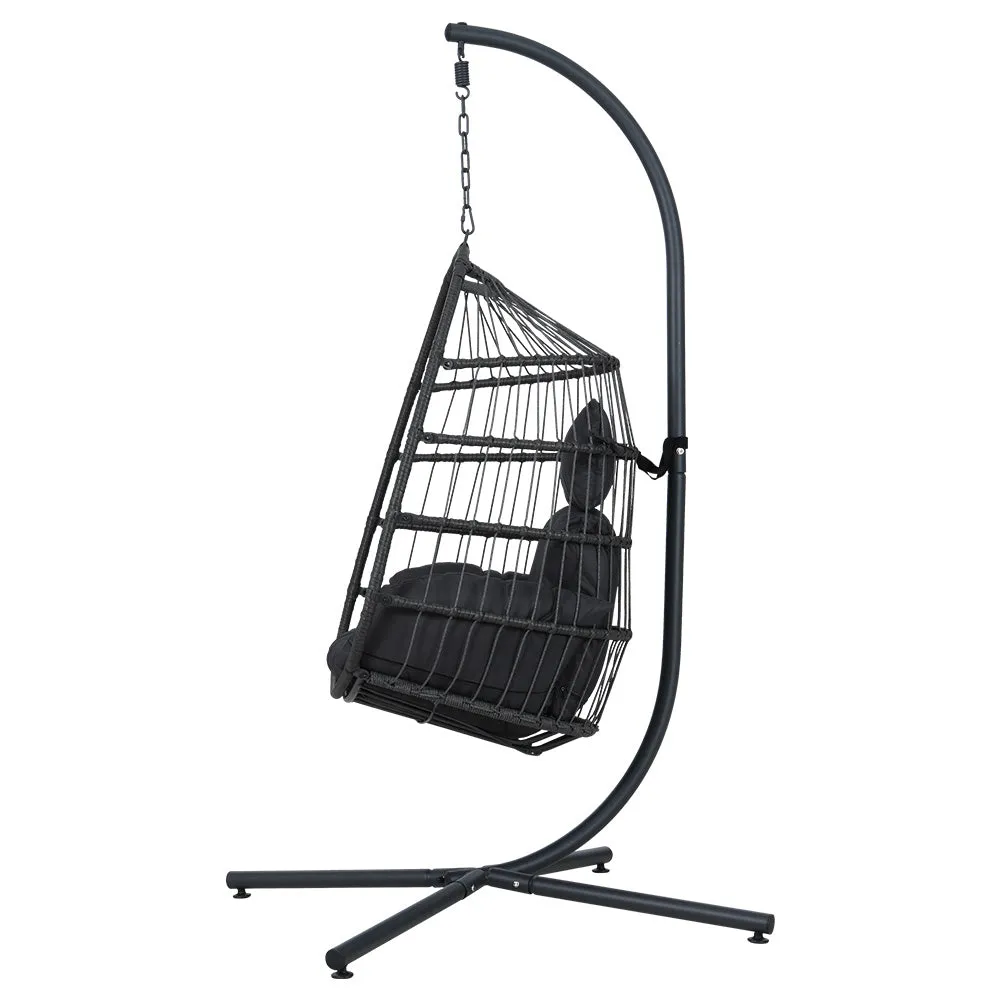 Foldable Wicker Egg Swing Chair with Stand, Grey - Gardeon