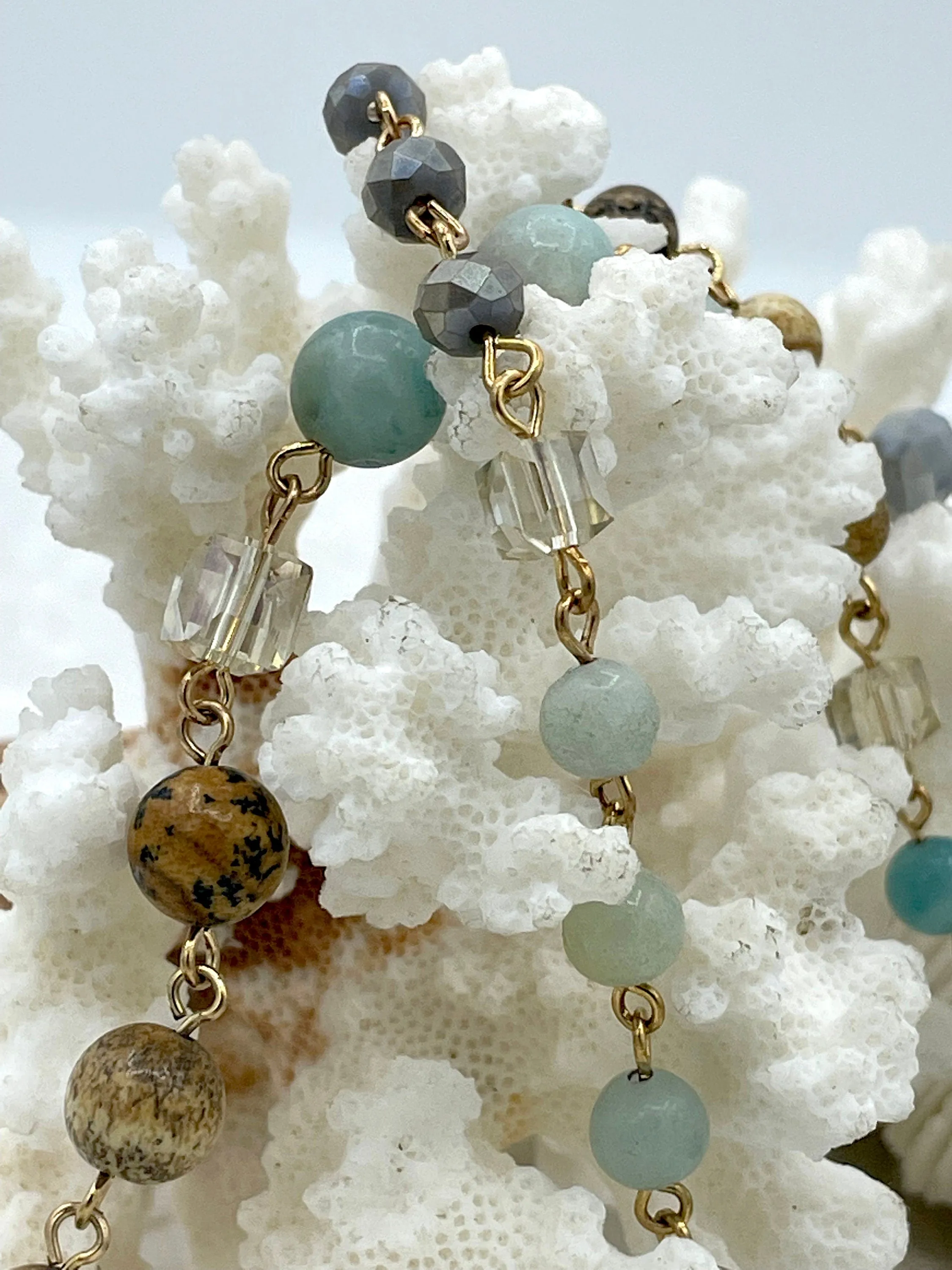 Gemstone Crystal Mix Rosary Chain, Picture Jasper, Amazonite, Crystal. Bronze or Gold. Round, cube and rondelle beads 1 Meter (39")Fast Ship