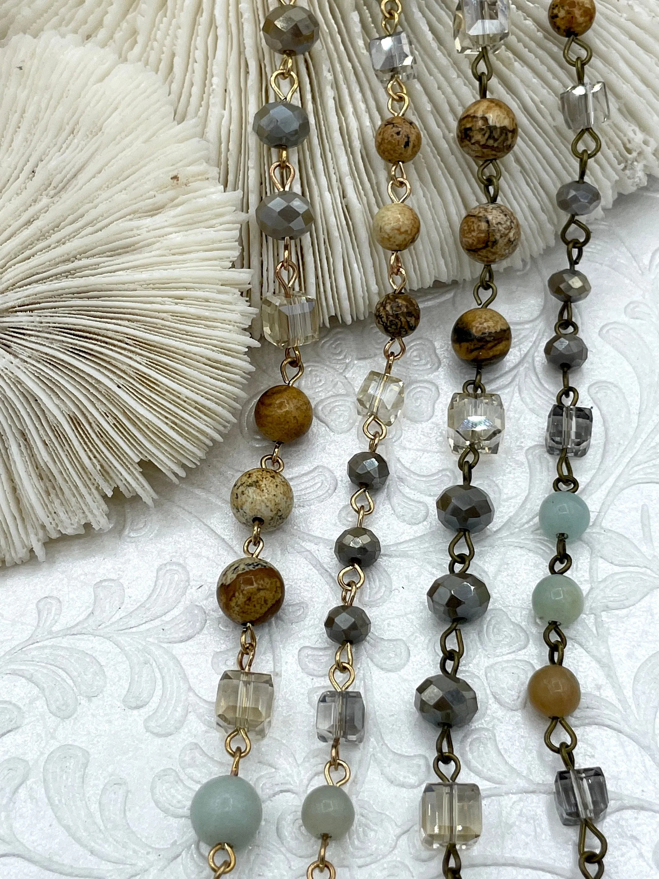 Gemstone Crystal Mix Rosary Chain, Picture Jasper, Amazonite, Crystal. Bronze or Gold. Round, cube and rondelle beads 1 Meter (39")Fast Ship